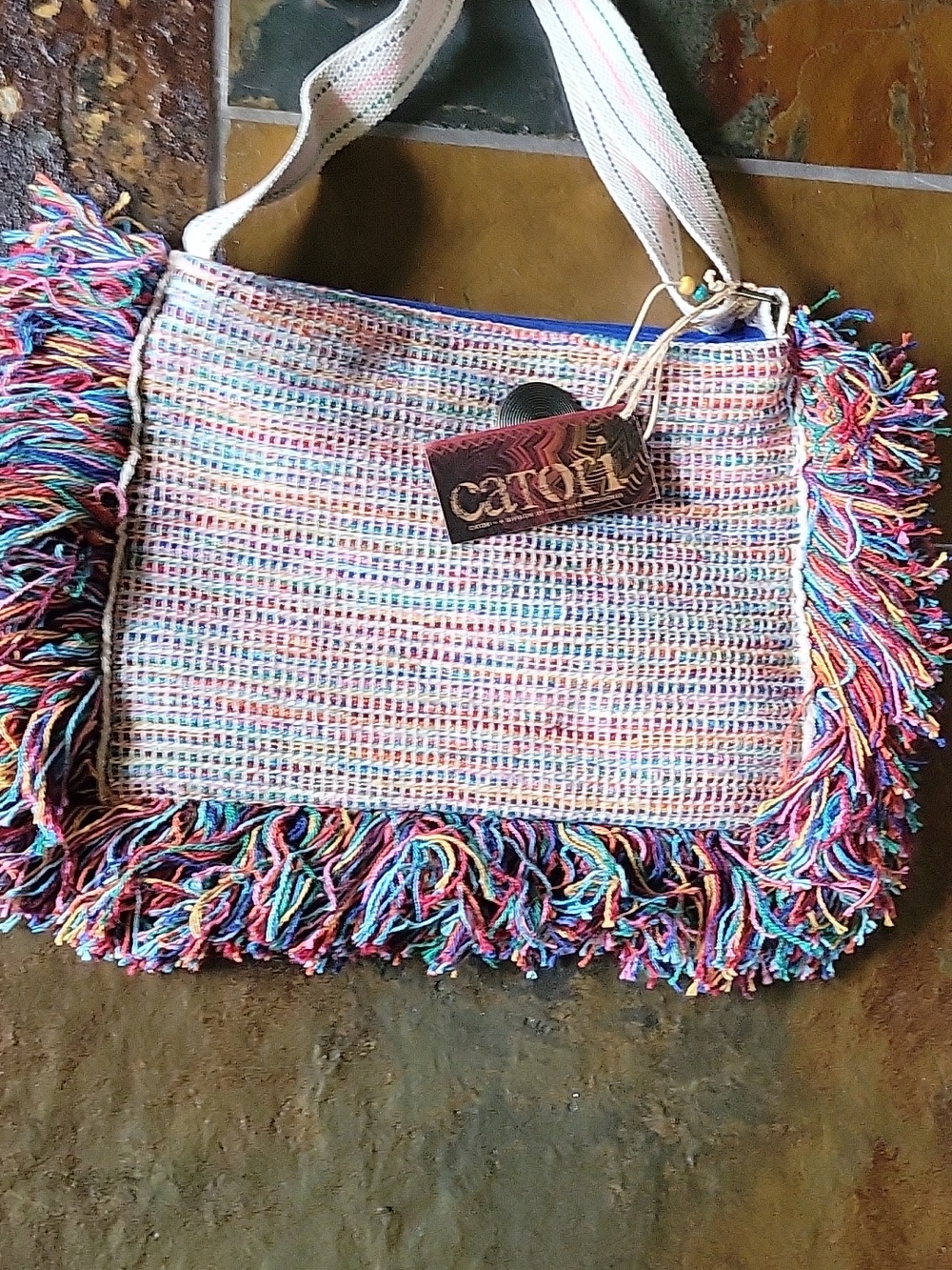 Multicolor Fringe Woven Crossbody Bag with Cream Strap - Picture 8 of 13